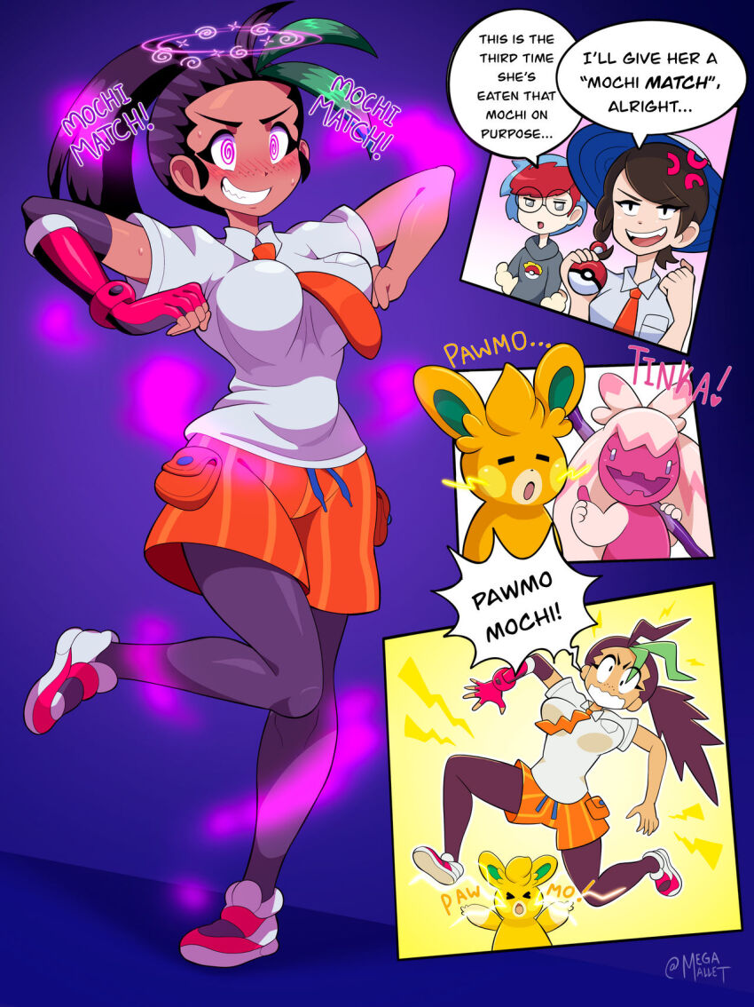 angry black_hair blue_hair blush brown_hair chicken_dance chicken_pose clothed dancing dialogue electricity english_text female_only femsub glasses hammer juliana_(pokemon) mochi_dance multicolored_hair multiple_girls nemona_(pokemon) nintendo pawmot penny_(pokemon) pink_eyes pokeball pokemon pokemon_(creature) pokemon_scarlet_and_violet red_hair spiral spiral_eyes text tinkaton vwerk