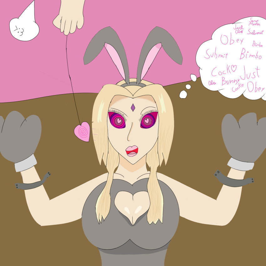 blonde_hair breasts bunnysuit femsub happy_trance large_breasts naruto_(series) obscure spiral_eyes symbol_in_eyes text tsunade