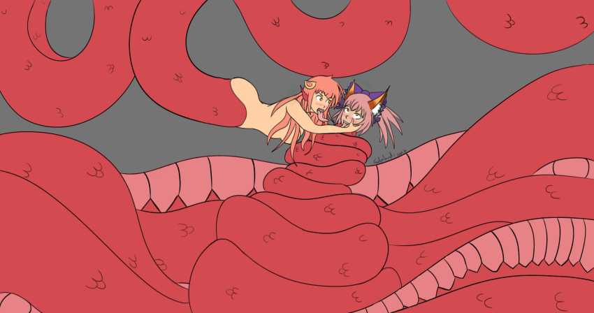animal_ears blush bondage bottomless breasts caster_(fate/extra) coils dazed drool female_only femdom fox_girl g-lahndi large_breasts long_hair miia_(monster_musume) monster_girl monster_musume naga_girl pink_hair red_hair simple_background snake snake_girl topless