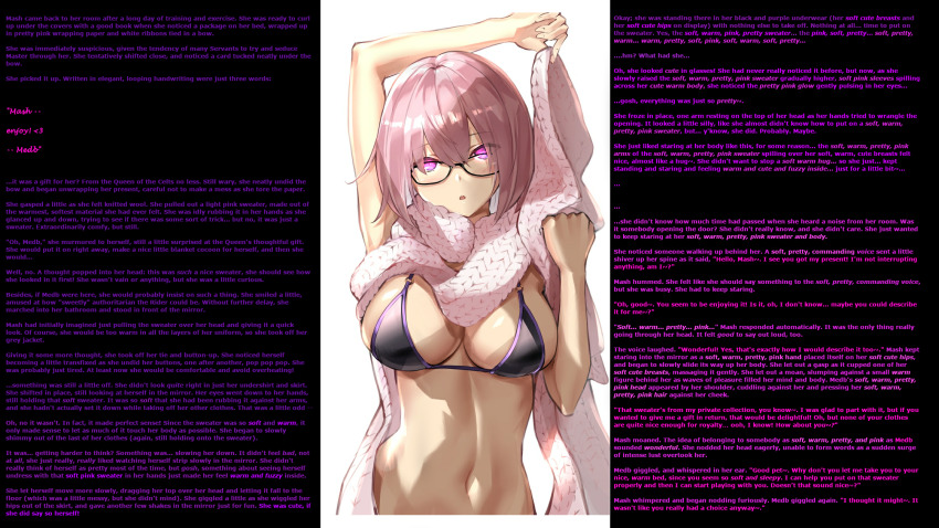 basil_(st_1) breasts caption caption_only dazed expressionless fate/grand_order fate_(series) female_only femdom femsub glasses glowing glowing_eyes hypnotic_clothing large_breasts looking_at_viewer manip mashu_kyrielight pink_hair short_hair text unaware zebulonpike_(manipper)