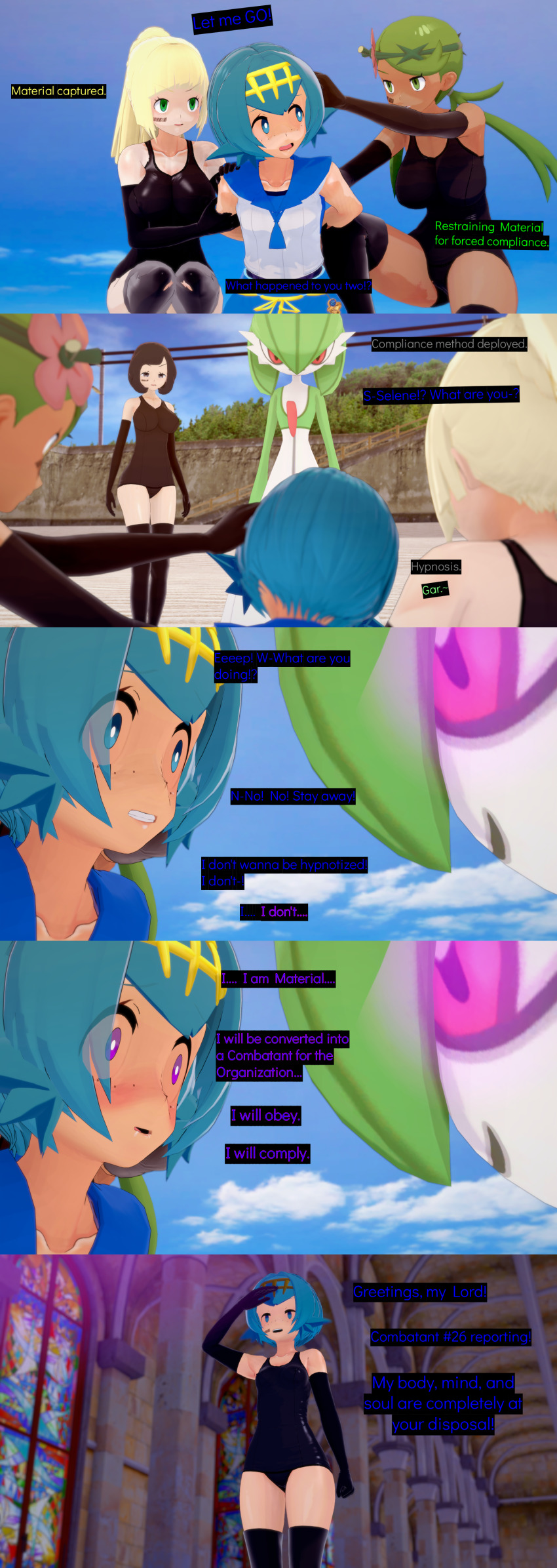 3d black_hair blonde_hair blue_hair cyanstargazer dark_skin empty_eyes femsub gardevoir green_hair lana_(pokemon) leotard lillie_(pokemon) long_hair mallow_(pokemon) nintendo pokemon selene_(pokemon) short_hair text