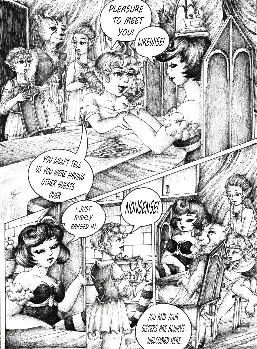 absurdres bee_girl bug_girl cat_girl comic elf elf_ears female_only furry greyscale halfling honey justsketchingviolets long_hair monochrome short_hair tabaxi text traditional