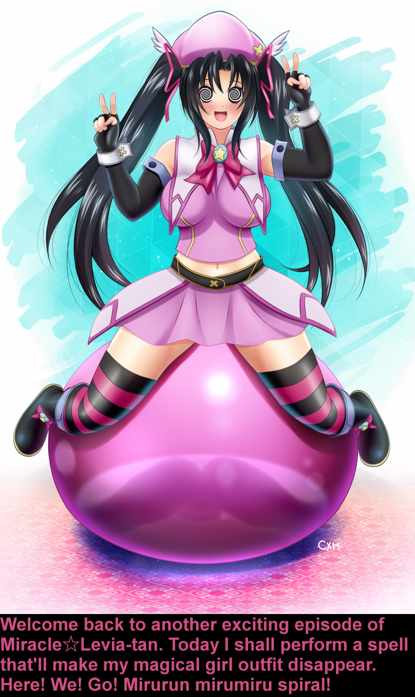absurdres black_hair blush breasts cloudxmoe female_only femsub happy_trance hat high_school_dxd icontrol_(manipper) large_breasts manip midriff open_mouth serafall_leviathan  skirt solo spiral_eyes symbol_in_eyes text thighhighs twintails v