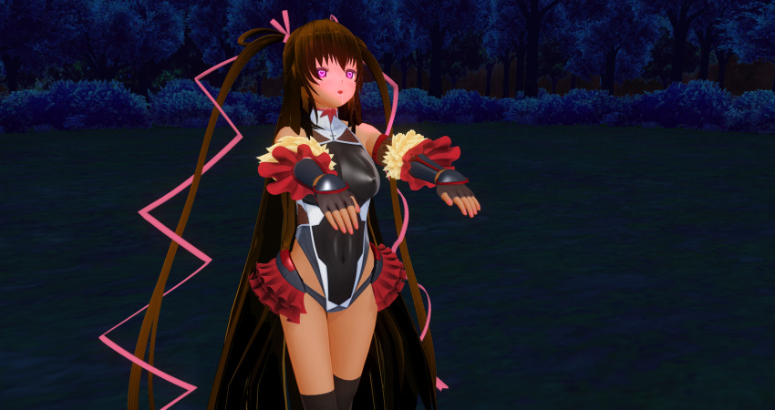 3d bare_shoulders breasts brown_hair custom_maid_3d_2 drool female_only femsub fingerless_gloves gloves heart heart_eyes leotard miniskirt mizuki_yukikaze open_mouth opera_gloves pink_eyes ribbon sienaria skirt small_breasts solo standing symbol_in_eyes taimanin_(series) taimanin_yukikaze tan_skin thighhighs twintails very_long_hair zombie_walk