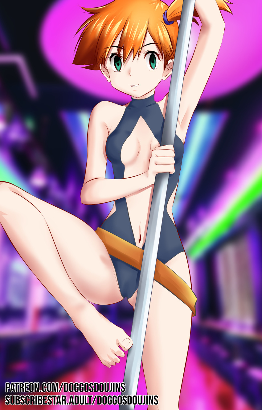 bangs barefoot breasts cleavage doggos_doujins empty_eyes feet female_only femsub green_eyes legs misty navel nintendo orange_hair pokemon pokemon:_the_electric_tale_of_pikachu pole_dancing ponytail short_hair small_breasts smile solo