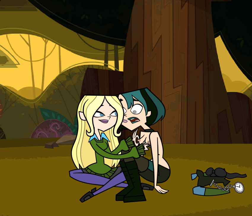 blonde_hair boots breast_grab breasts choker dawn_(total_drama) female_only femdom femsub green_hair gwen_(total_drama) leggings lipstick lipstick_mark long_hair open_mouth pendulum racheltd shirt short_hair spiral spiral_eyes sweater topless total_drama trees yuri