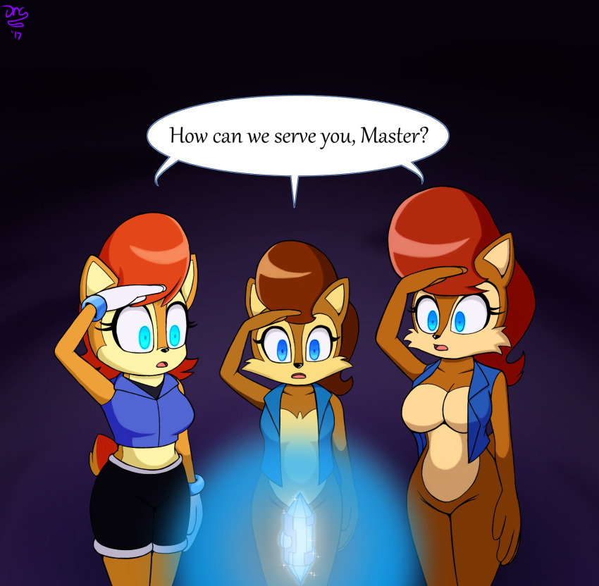 alternate_costume alternate_hairstyle brown_hair chipmunk_girl crystal dialogue dr._chaos expressionless female_only femsub furry glowing glowing_eyes multiple_subs open_mouth sally_acorn saluting shrunken_irises sonic_the_hedgehog_(series) standing standing_at_attention tech_control text