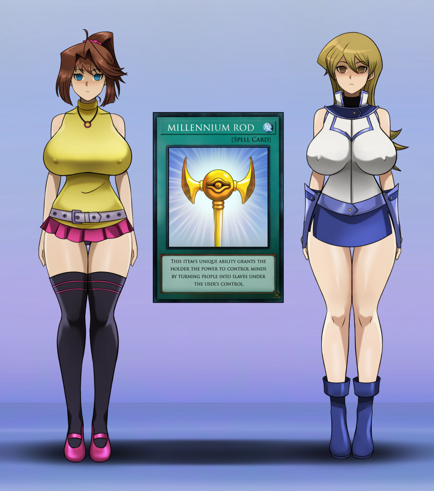 alexis_rhodes bangs blonde_hair blue_eyes breasts brown_hair card empty_eyes erect_nipples_under_clothes expressionless female_only femsub large_breasts long_hair millennium_item millennium_rod miniskirt multiple_girls multiple_subs necklace shinzu short_hair simple_background skirt standing standing_at_attention tea_gardner text thighhighs yu-gi-oh! yu-gi-oh!_gx