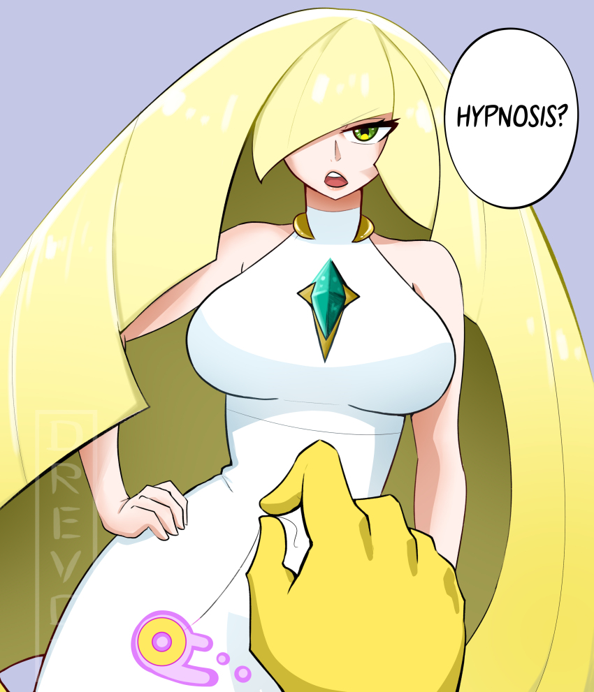 aware blonde_hair breasts coin dress drevod femsub green_eyes hair_covering_one_eye hypno jewelry large_breasts looking_at_viewer lusamine maledom milf nintendo open_mouth pendulum pokemon pokemon_sun_and_moon text very_long_hair