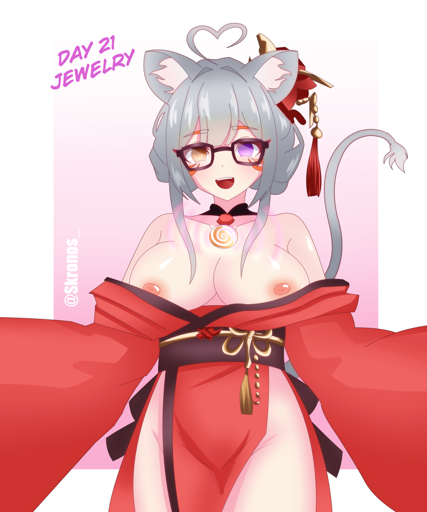 absurdres breasts cat_ears femsub gaonya happy_trance heterochromia hypnotic_accessory hypnotic_eyes hypnovember jewelry kimono kronobas28 nipples original pink_background simple_background solo tail