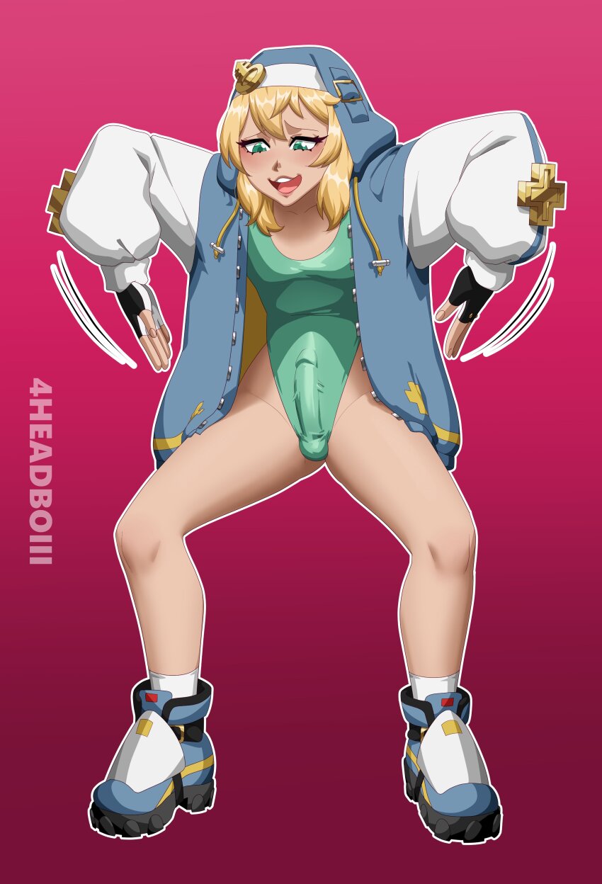 4headboiii bare_legs blonde_hair blush bridget_(guilty_gear) erection erection_under_clothes female_only femsub fingerless_gloves green_eyes guilty_gear haigure happy_trance hoodie leotard one-piece_swimsuit open_clothes open_mouth penis shoes signature simple_background socks solo thighs transfem transgender_identity