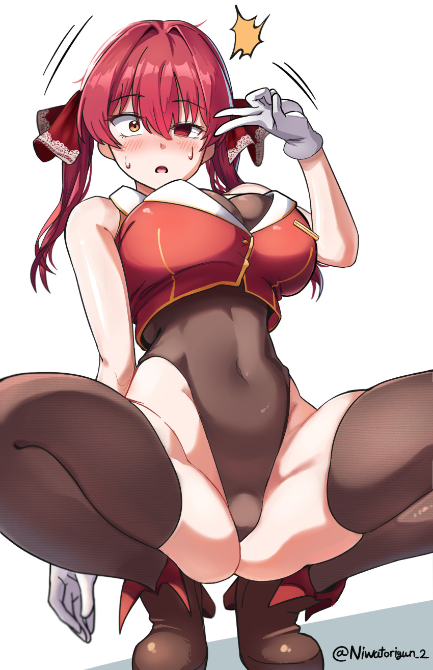 blush bodysuit breasts cleavage confused empty_eyes hair_ornament heterochromia hololive large_breasts leotard long_hair marine_houshou midriff navel niwatorigun open_mouth red_eyes red_hair squatting sweat trance_break twintails v virtual_youtuber yellow_eyes