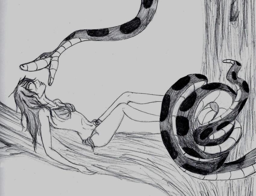 allisnotwell bikini disney femsub greyscale kaa long_hair mikomi_(allisnotwell) monochrome original snake the_jungle_book traditional