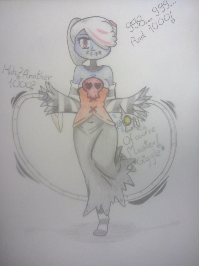 absurdres bimbofication disguised_hypnotist female_only femsub happy_trance heart heart_eyes skullgirls solo squigly_(skullgirls) symbol_in_eyes text traditional white_hair