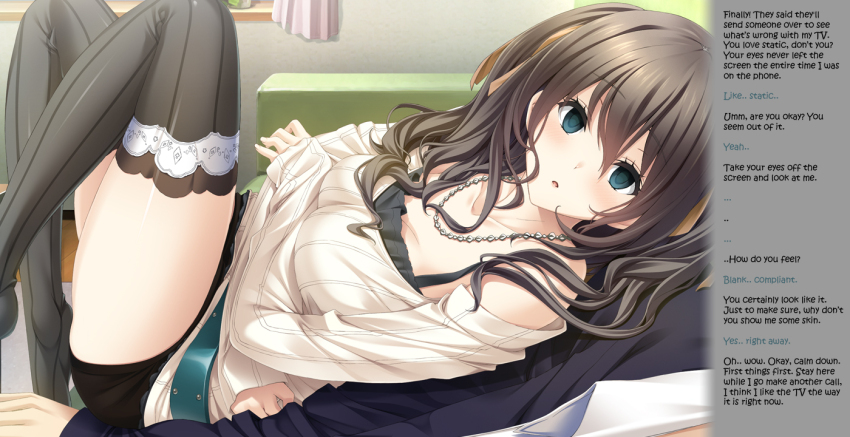 accidental_hypnosis akemi_mikoto blush brown_hair caption cradily_(manipper) dazed empty_eyes expressionless female_only femsub kissart long_hair manip open_mouth socks text thighhighs
