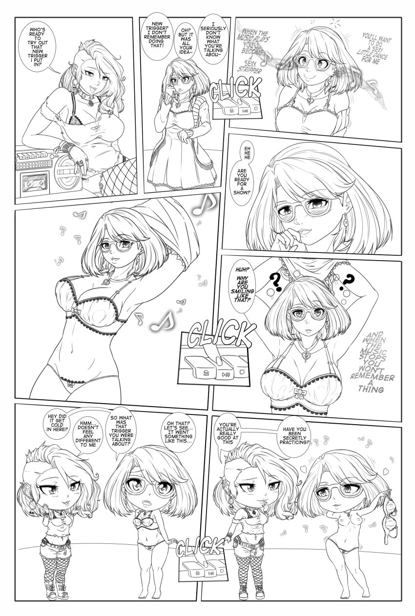 absurdres bra breasts chibi cleavage comic confused consensual dancing dialogue earrings eshie female_only femdom femsub fishnets glasses greyscale heart hypnotic_audio hypnotic_music jewelry katherine_(eshie) long_hair monochrome music necklace open_mouth original shoes sidecut spiral text thighhighs topless trigger unaware underwear undressing