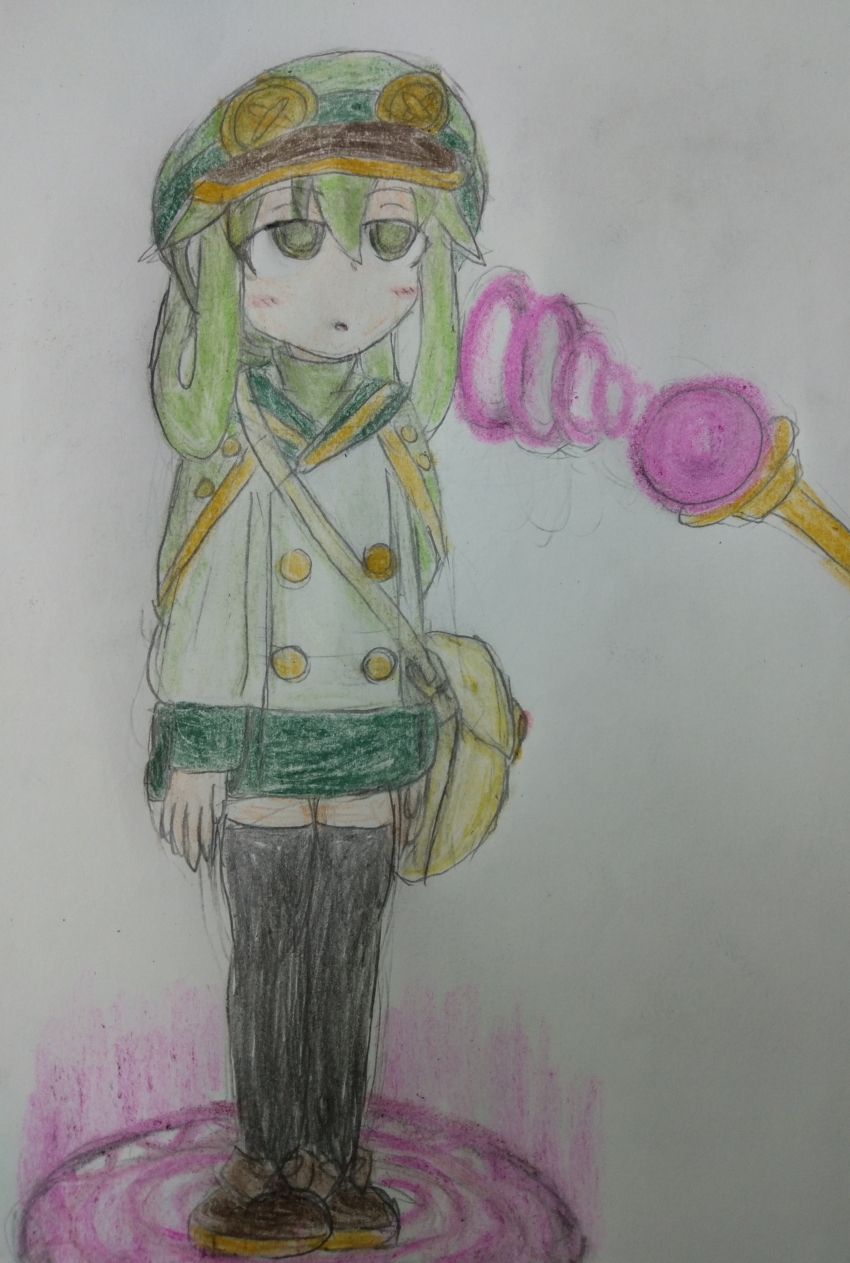 absurdres empty_eyes expressionless femdom femsub green_eyes green_hair hat magic magic_wand open_mouth original sephy_yorm sketch standing standing_at_attention tobyakafuji
