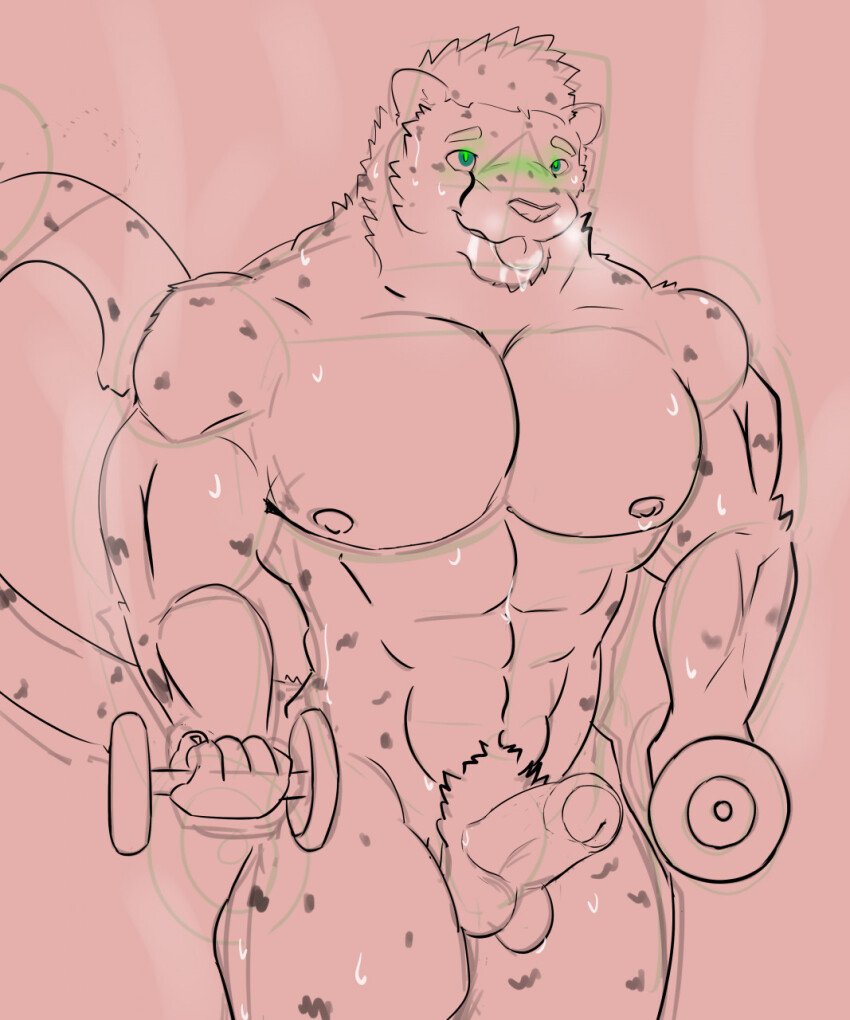 bottomless cat_boy cheetah_boy chris_(fong) drool erection exercise flexing fong furry glowing glowing_eyes gym happy_trance himbo himbofication male_only malesub monochrome muscle_boy nude open_mouth original penis pubic_hair solo story sweat topless weightlifting