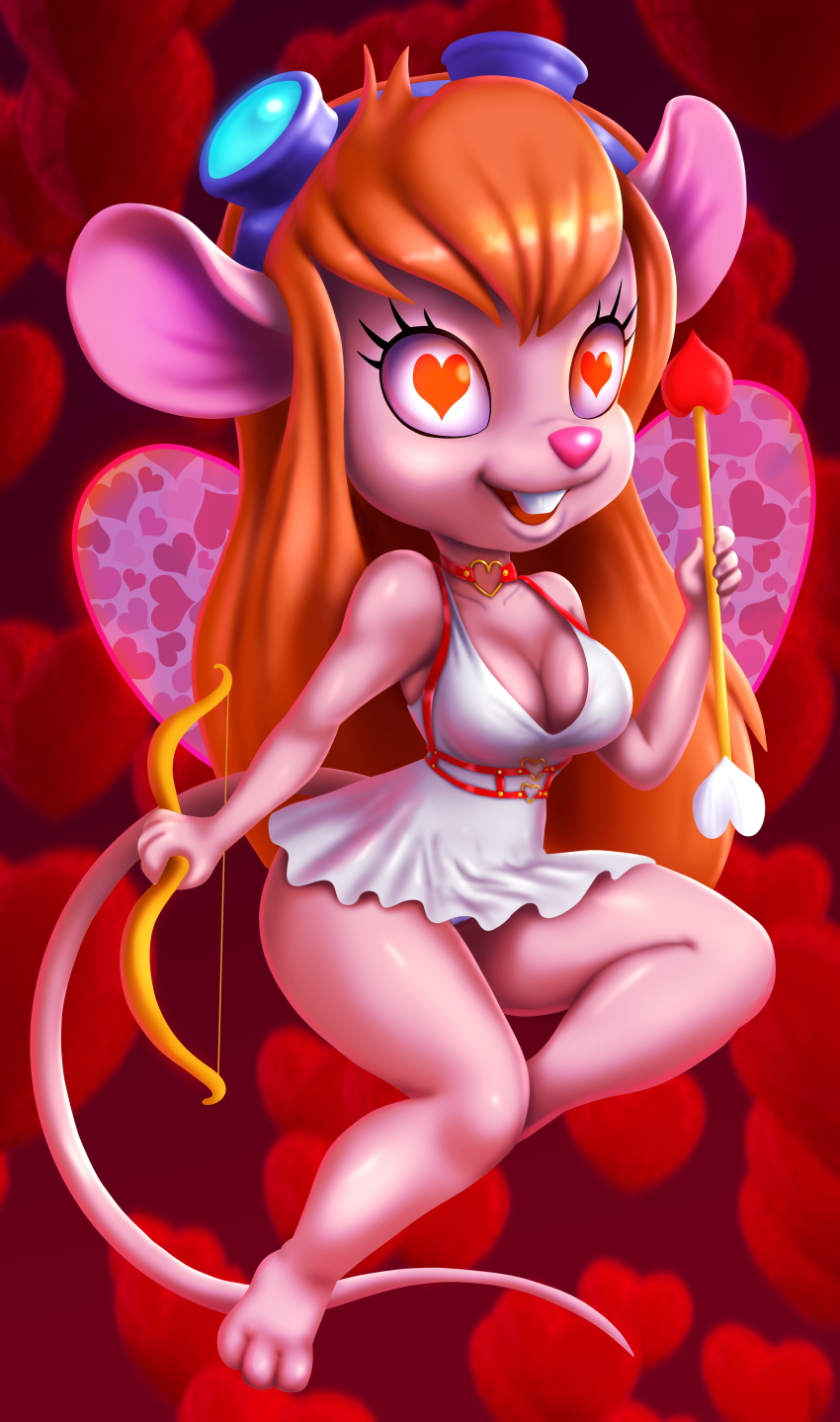 14-bis absurdres arrow bare_shoulders barefoot blonde_hair bow_(weapon) breasts chip_n_dale_rescue_rangers cleavage disney female_only femsub furry gadget_hackwrench goggles happy_trance heart heart_eyes large_breasts long_hair magic mouse_girl open_mouth smile solo symbol_in_eyes valentine's_day western