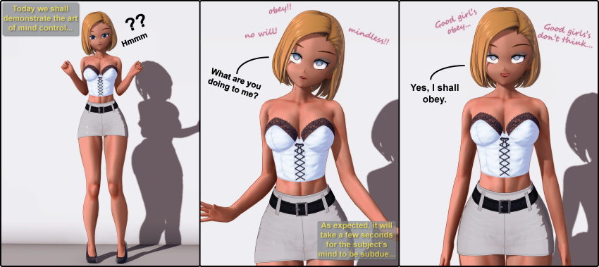 3d absurdres bare_legs before_and_after blonde_hair blue_eyes cleavage corset dialogue empty_eyes eye_roll eyeshadow female_only femsub heavy_eyelids high_heels koikatsu_sunshine! maledom mantra midriff open_mouth short_hair short_skirt skirt smile standing standing_at_attention tagme text xanamind