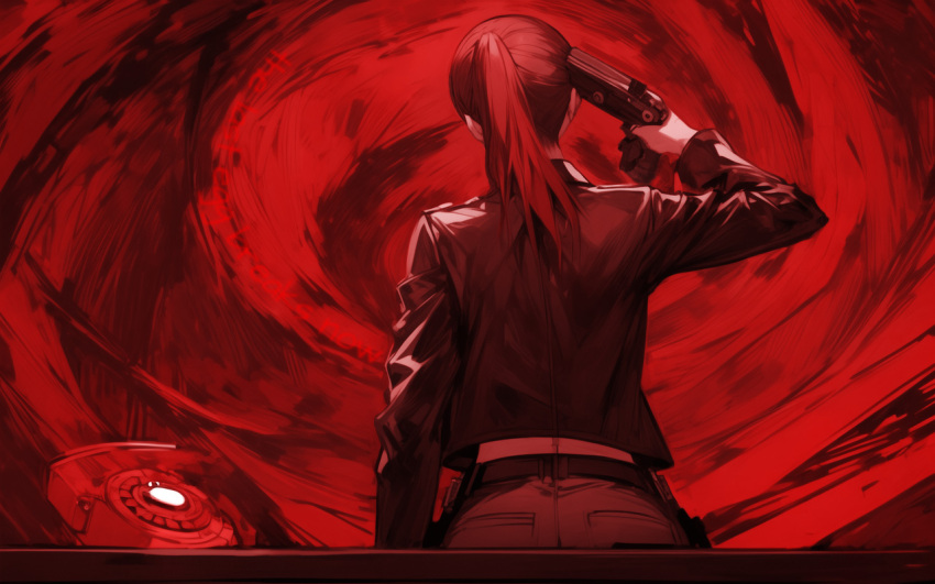 ai_art control english_text female_only femsub from_behind gun hypnosisisgreat_(manipper) jacket jesse_faden monochrome phone ponytail red_background red_hair solo spiral spiral_background stable_diffusion_(ai) suicide text