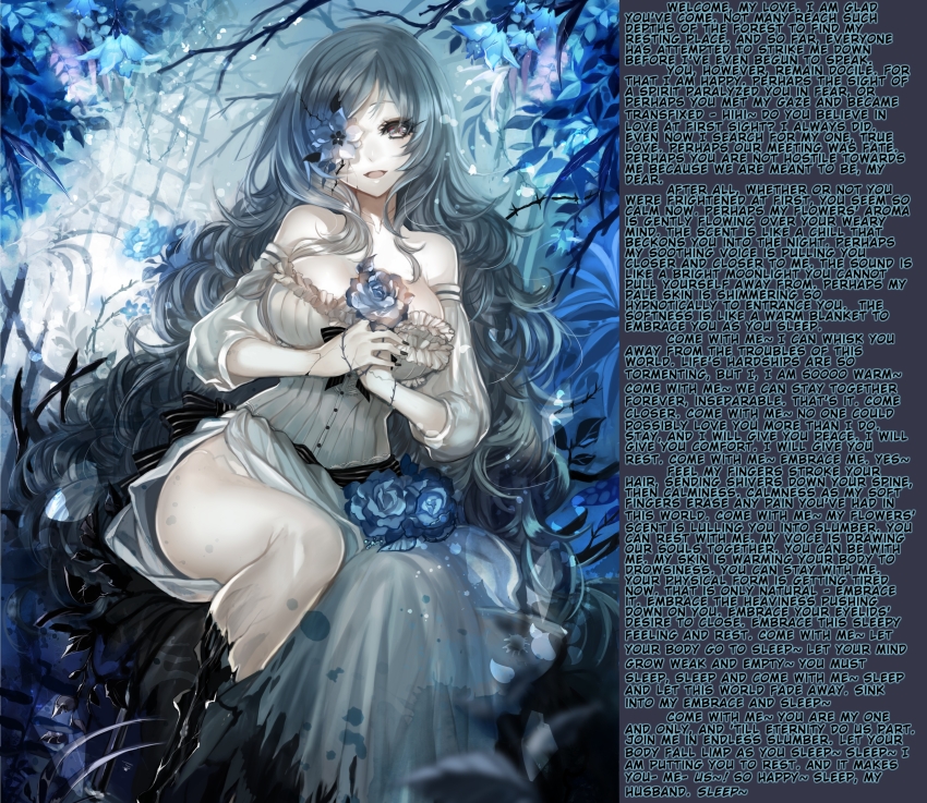 absurdres breasts caption caption_only death fancyaddiction_(manipper) femdom ghost ghost_girl grey_hair hair_covering_one_eye hypnotic_flower hypnotic_voice large_breasts looking_at_viewer manip pov pov_sub sleep_command smile text