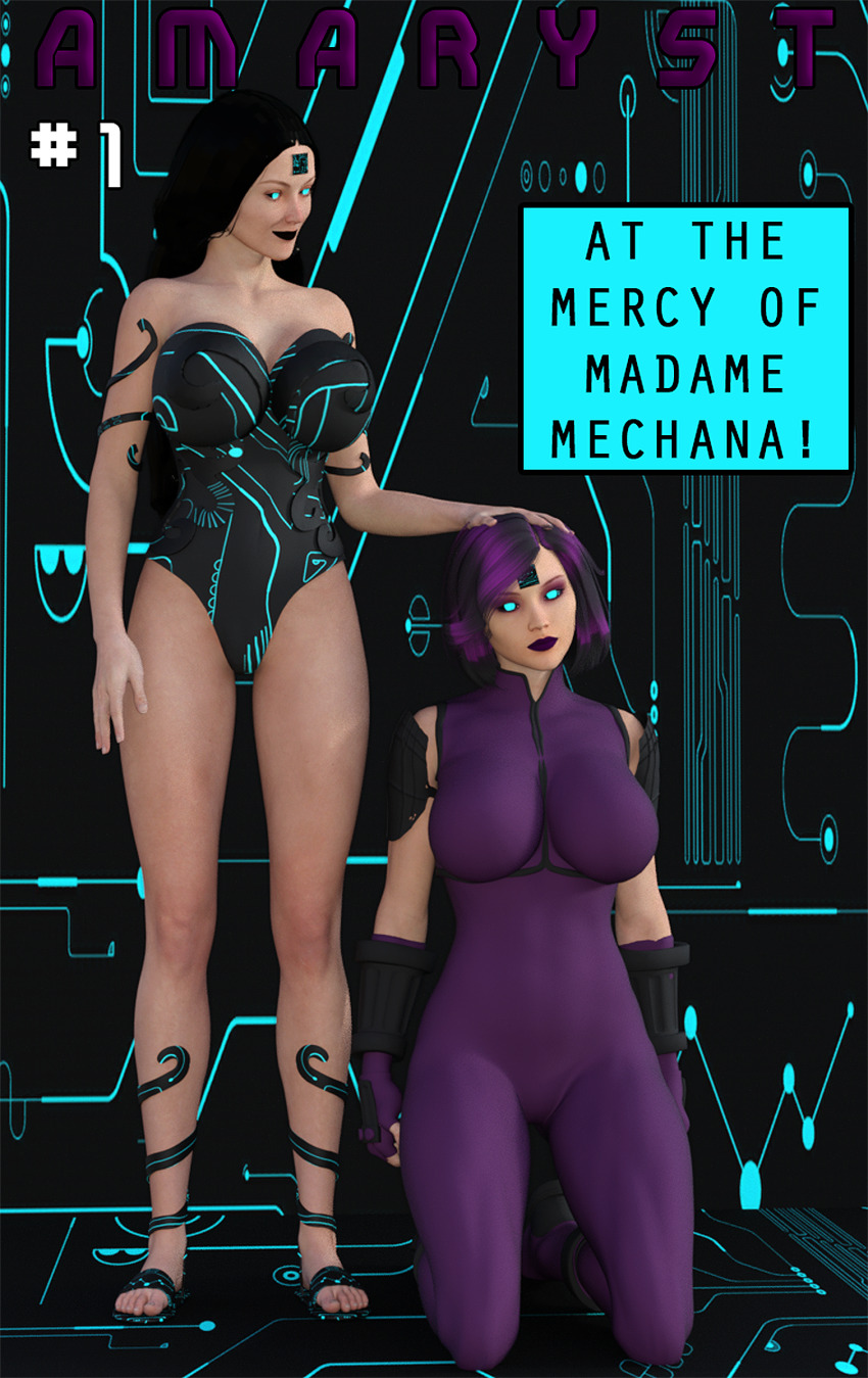 3d absurdres amaryst_(theheckle) black_hair breasts female_only femsub kneeling large_breasts original robot robotization tech_control text theheckle