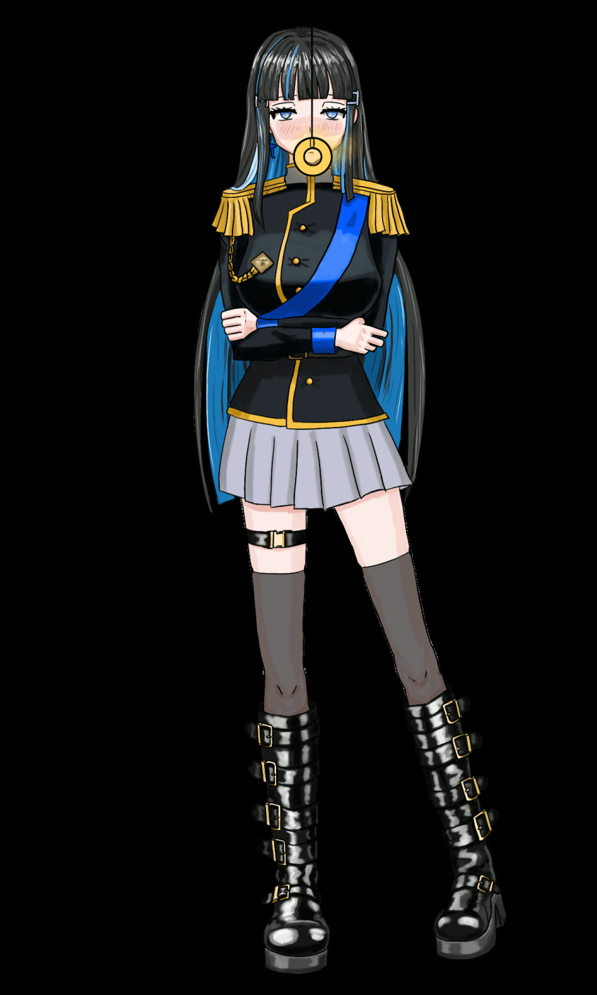 animated animated_gif belt blush boots breasts consensual epaulettes femsub fwuffycocoa hair_clips knee-high_boots large_breasts military_uniform miniskirt multicolored_hair original pendulum straight-cut_bangs thighhighs uniform