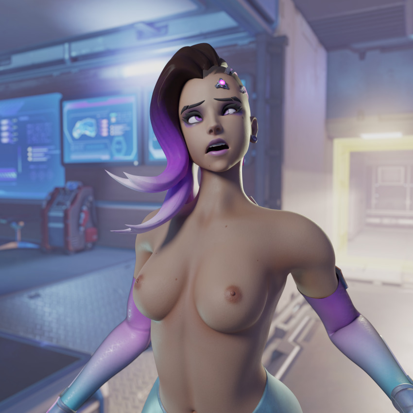 3d breasts dazed female_only femsub gloves hypnotic_accessory long_hair microchip nipples nude open_clothes open_mouth overwatch purple_hair resisting sombra_(overwatch) spllcstr standing tech_control topless