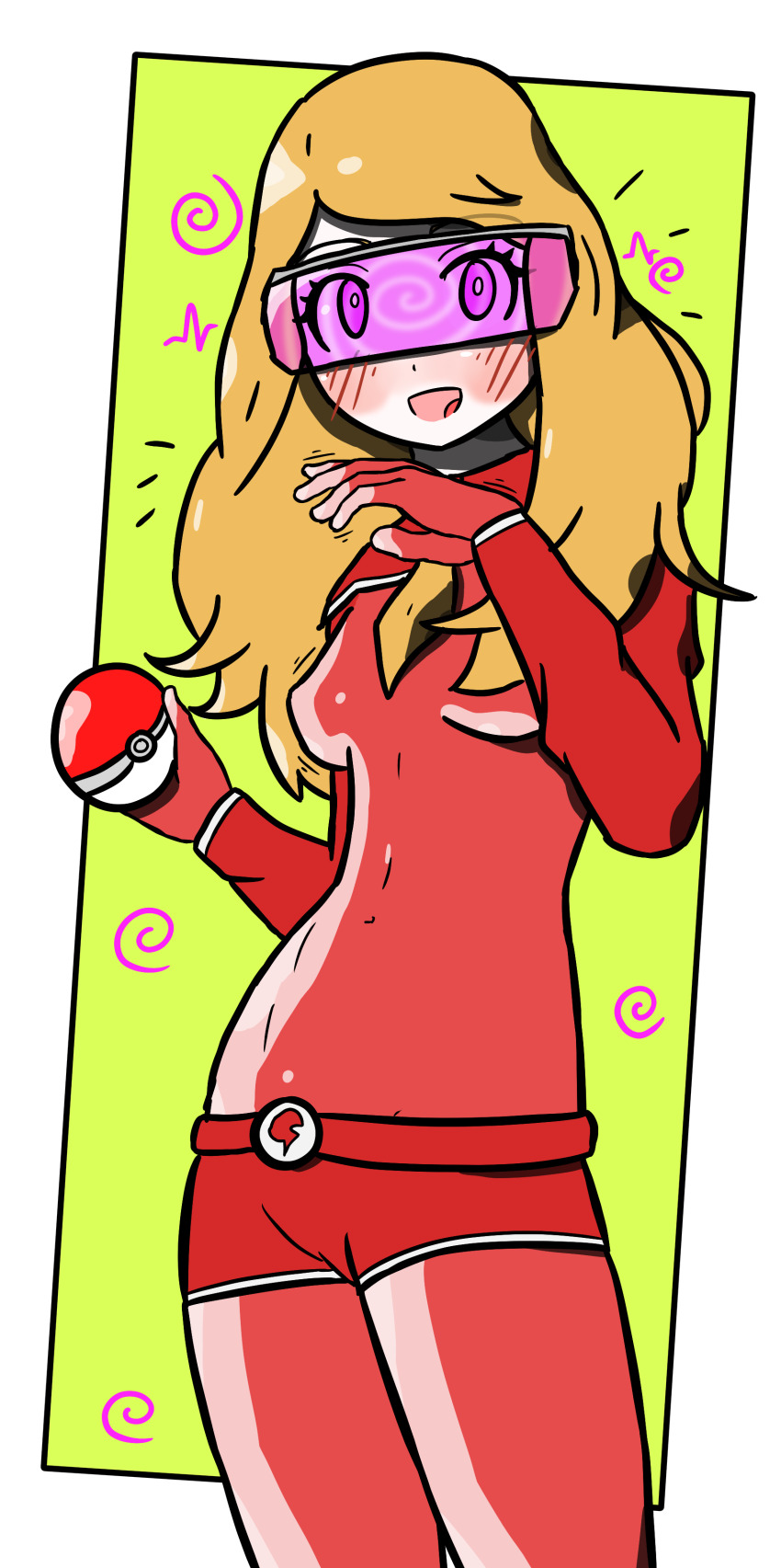 blonde_hair blush bodysuit empty_eyes female_only femsub fingerless_gloves gloves green_background happy_trance illumina long_hair nintendo pokeball pokemon pokemon_(anime) rubber serena shorts small_breasts solo spiral standing team_flare team_flare_grunt tech_control tight_clothing visor