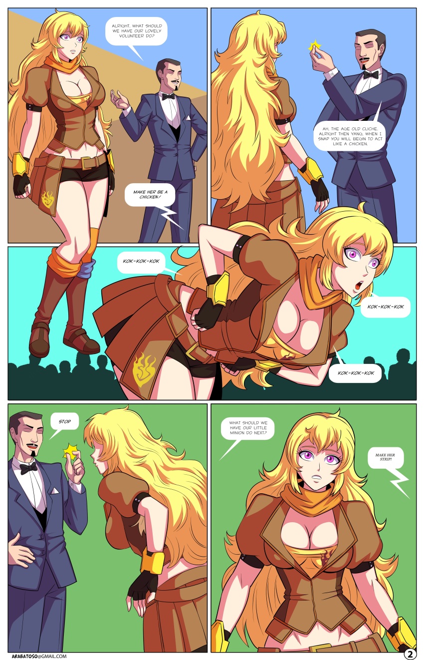 absurdres arabatos blonde_hair breasts chicken_pose cleavage comic expressionless femsub large_breasts long_hair maledom midriff original pet_play purple_eyes rwby shrunken_irises stage_hypnosis text western yang_xiao_long