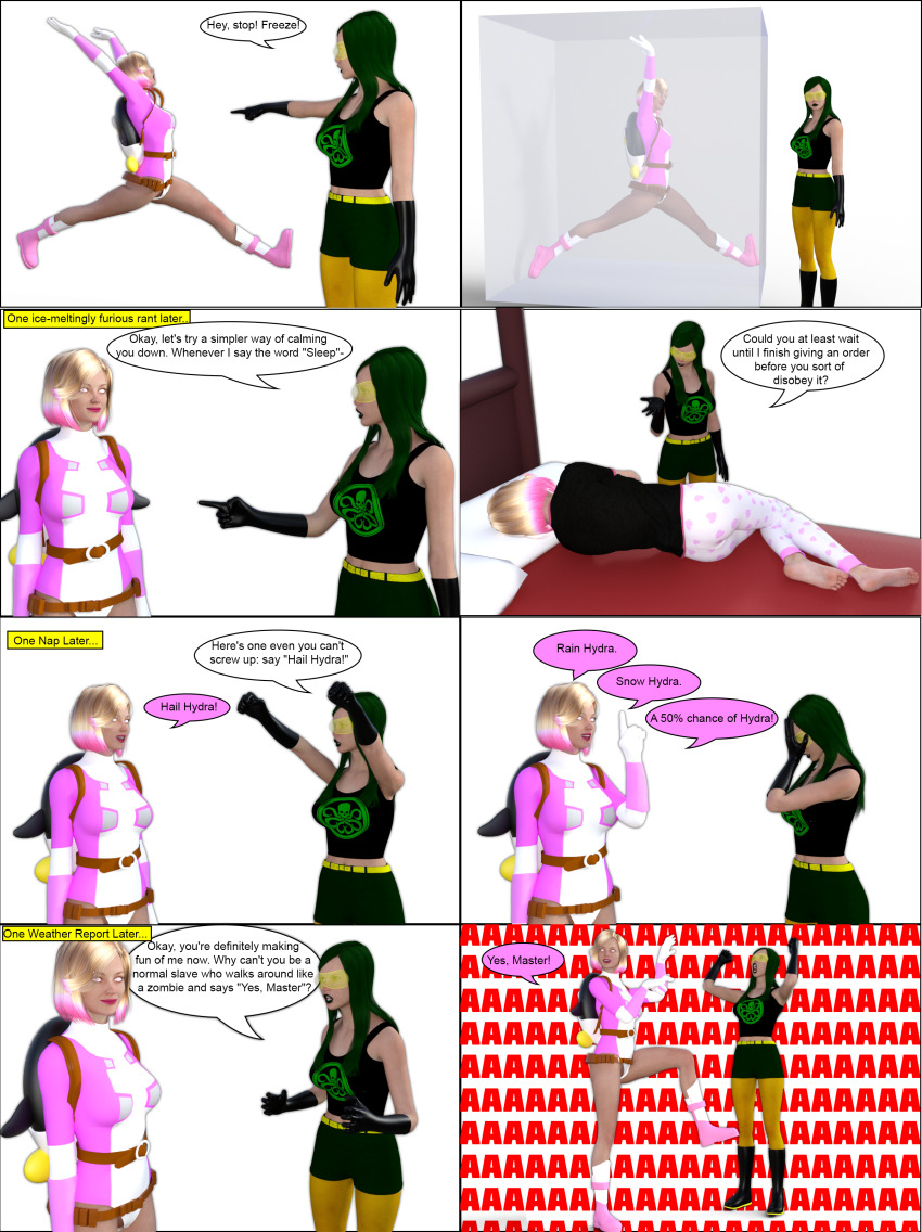 3d absurdres barefoot blonde_hair comic dialogue feet female_only femdom femsub green_hair gwen_poole gwenpool happy_trance humor marvel_comics pink_hair sleeping spiral_eyes super_hero symbol_in_eyes text theheckle zombie_walk