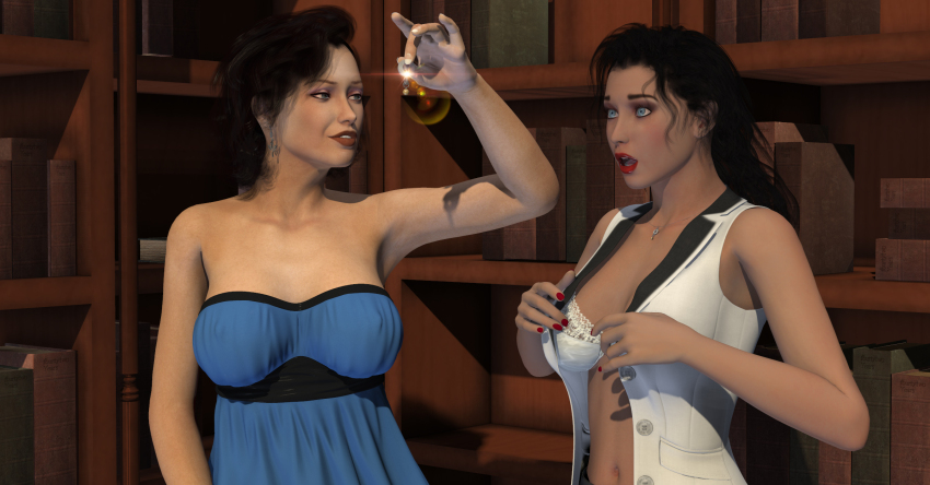 3d accidental_hypnosis amazonarrow bare_shoulders black_hair blue_eyes brown_hair chryseis_(amazonarrow) cleavage collarbone denise_(curia_dd) expressionless femdom femsub necklace open_mouth open_shirt original red_lipstick ring short_hair skirt standing undressing