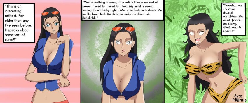 black_hair brain_drain breasts cave_girl devolution dialogue drool female_only femsub happy_trance large_breasts long_hair nico_robin one_piece smile spiral_eyes syas-nomis text