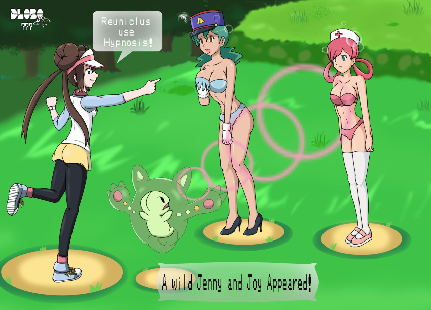 absurdres blue_eyes bra breast_grab breasts brown_eyes brown_hair dlobo777 double_hair_bun empty_eyes femdom femsub gloves green_hair groping hair_buns hat high_heels holding_breasts large_breasts long_hair magic multiple_girls nintendo nurse nurse_joy officer_jenny open_mouth panties pink_hair pokemon pokemon_(anime) pokemon_(creature) pokemon_black_and_white pokemon_black_and_white_2 reuniclus rosa_(pokemon) text thighhighs tongue tongue_out twintails underwear unhappy_trance