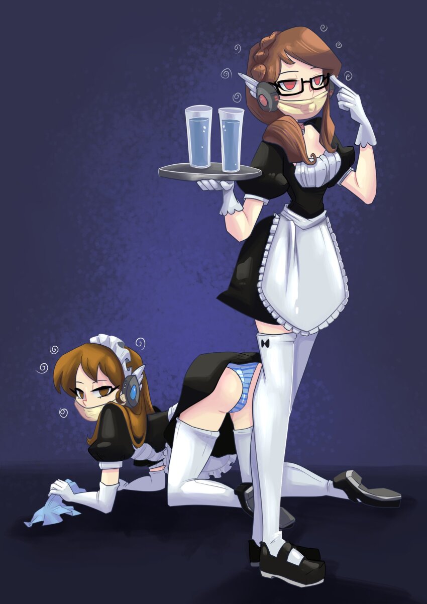artist_request breasts cleaning femsub glasses gloves headphones hypnotic_screen maid mask opera_gloves panties symbol_in_eyes tagme thighhighs tray underwear