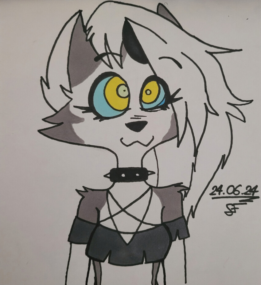 chatfoxe choker clothed collar crop_top female_only femsub furry goth grey_skin helluva_boss kaa_eyes long_hair loona_(helluva_boss) sidecut signature simple_background smile solo tagme traditional white_background white_hair wolf_girl