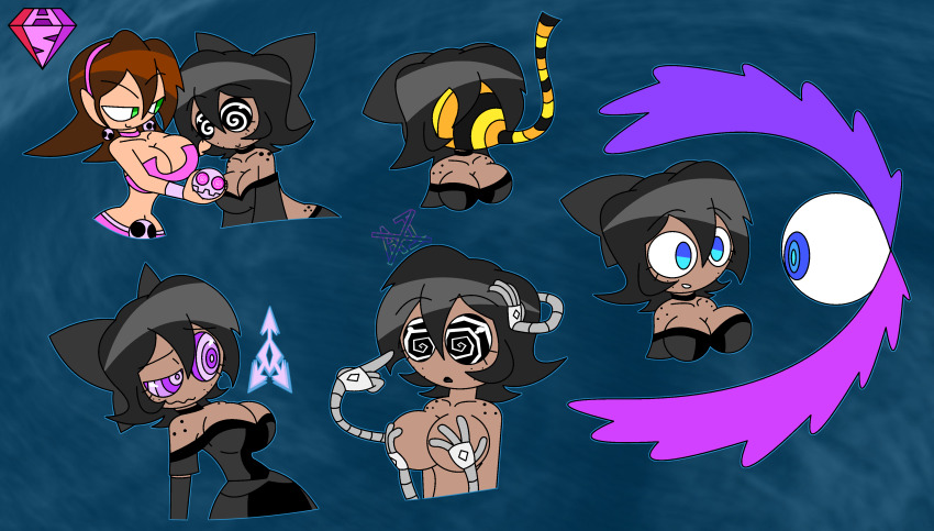 alternate_costume black_hair blue_eyes breasts brown_hair capcom cleavage clothed costume crossover deltarune earrings female_only femdom femsub freckles green_eyes hypnoscream large_breasts megaman_(series) megaman_legends_(series) midriff multiple_methods_of_hypnosis murder_drones navel spiral_eyes tessa_james_elliot tron_bonne undertale werewire