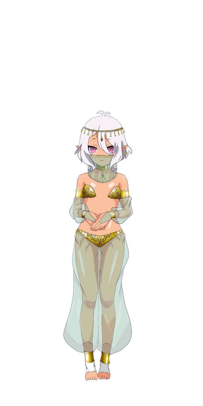 arm_bands barefoot breasts collar elf_ears empty_eyes female_only femsub green_eyes happy_trance harem harem_outfit headdress inikanata kokkoro_(princess_connect) loli midriff princess_connect! princess_connect!_re_dive purple_eyes see-through short_hair small_breasts standing standing_at_attention tan_skin veil white_hair