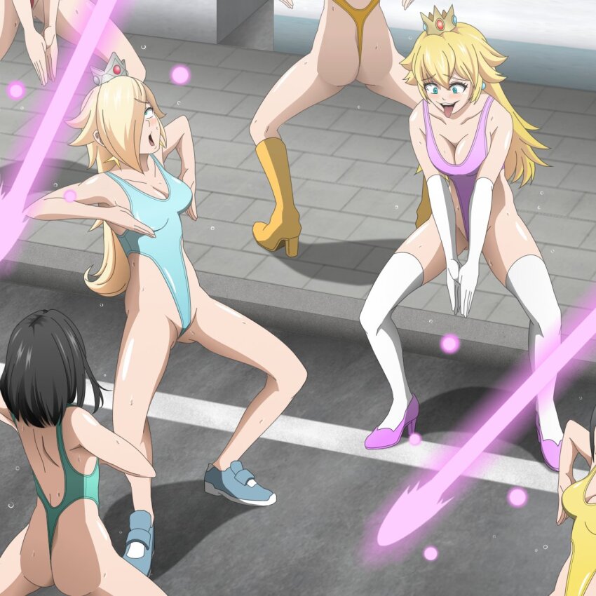 ahegao bare_legs bare_shoulders blonde_hair blue_eyes blush cleavage clothed collarbone crown earrings eyebrows_visible_through_hair female_only femsub gloves haigure hair_covering_one_eye high_heels leotard multiple_girls multiple_subs nintendo one-piece_swimsuit open_mouth opera_gloves princess_peach princess_rosalina shoes super_mario_bros. super_mario_galaxy sweat thighhighs tongue_out z