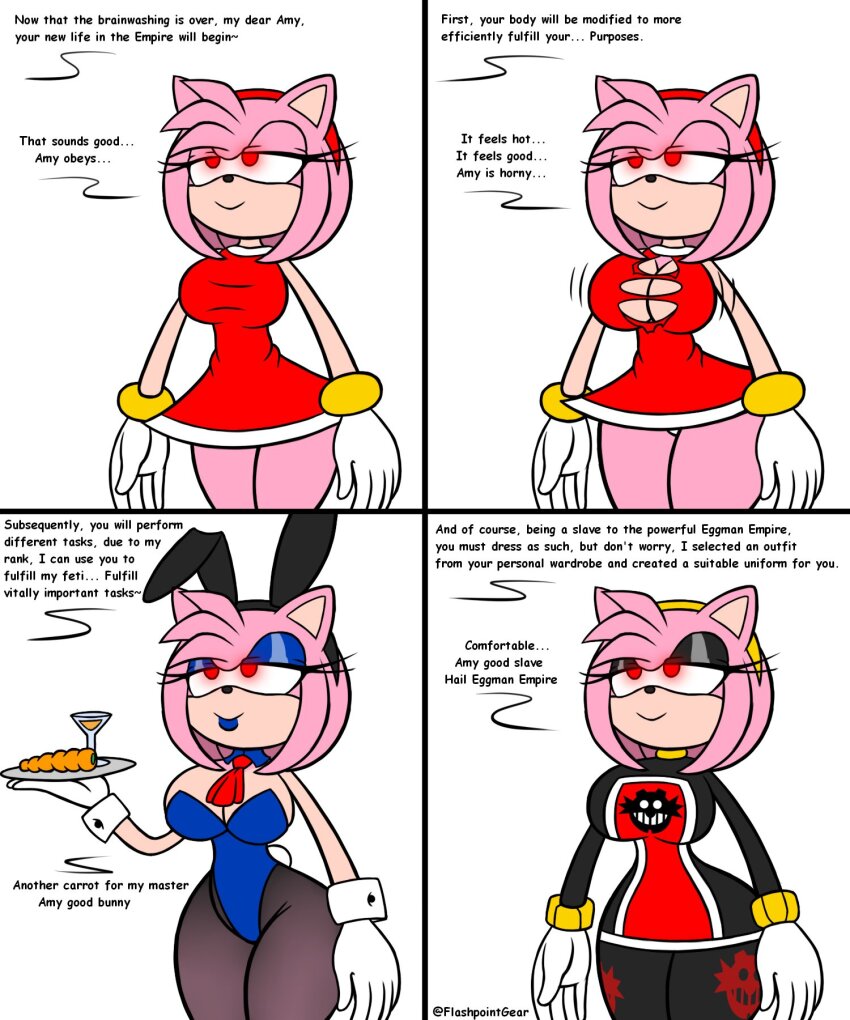 amy_rose ass ass_expansion bodysuit bottomless bracelet brain_drain breast_expansion breasts bunny_ears bunny_girl bunnysuit collar comic dialogue empty_eyes eyelashes eyeshadow fake_animal_ears female_only femdom femsub flashpointgear furry glowing_eyes happy_trance headband hedgehog_girl large_breasts smile solo sonic_the_hedgehog_(series) standing standing_at_attention symbol_in_eyes tie torn_clothes tray