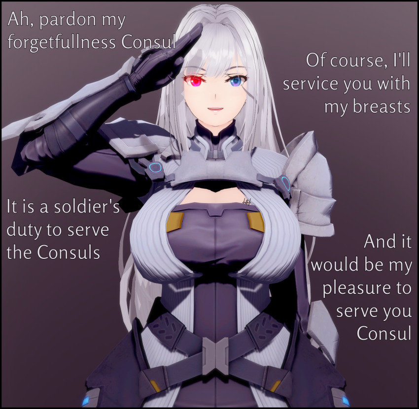 3d absurdres armor bangs before_and_after blue_eyes breasts cleavage clothed comic dialogue ethel_(xenoblade) female_only femsub glowing glowing_eyes heterochromia huge_breasts koikatsu! maledom nintendo open_mouth red_eyes saluting scars silver_hair simple_background smile solo standing standing_at_attention straight-cut_bangs text thehguy very_long_hair xenoblade_chronicles xenoblade_chronicles_3