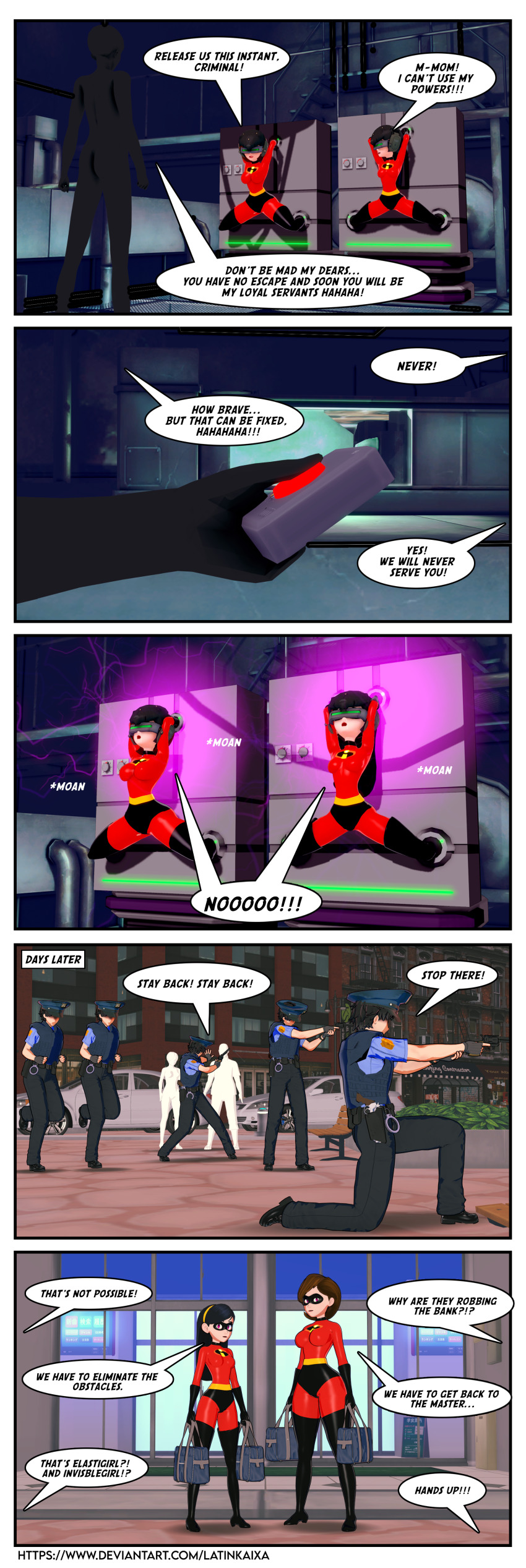 3d black_hair brown_hair comic corruption dialogue disney elastigirl empty_eyes expressionless helen_parr helmet instant_loss latinkaixa long_hair milf mother_and_daughter resisting short_hair tech_control text the_incredibles violet_parr
