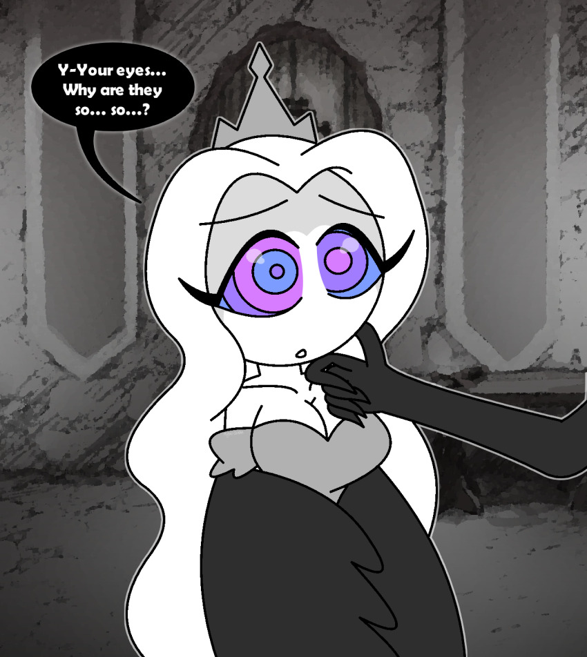 aura bare_shoulders chin_hold collarbone complex_background crown dress eyebrows_visible_through_hair eyelashes female_only femsub hypnoscream kaa_eyes long_hair long_quiet maledom monochrome multicolored_eyes pov_dom princess princess_(slay_the_princess) purple_eyes restrained slay_the_princess speech_bubble standing surprised text white_background white_hair white_skin wings