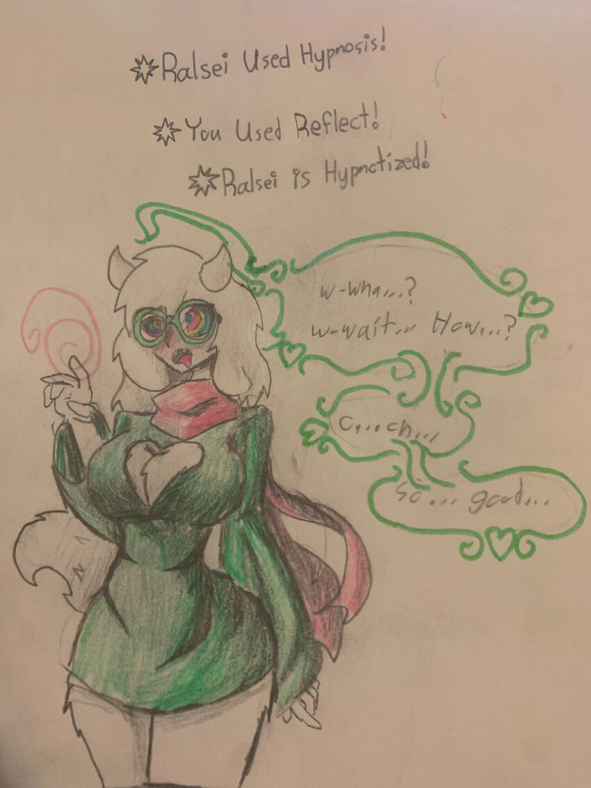 blush cleavage deltarune dialogue drool fangs female_only femsub furry genderswap glasses goat_girl horns kaa_eyes open_mouth powerupbonnie ralsei robe scarf solo speech_bubble spiral standing tagme tail text traditional white_skin