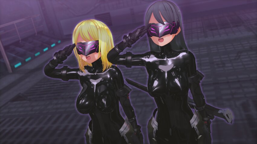 3d black_hair blonde_hair bodysuit catsuit custom_maid_3d_2 female_only femsub hypnotic_accessory large_breasts latex long_hair multiple_girls multiple_subs nyorohsb open_mouth rubber saluting short_hair standing standing_at_attention tech_control visor weapon
