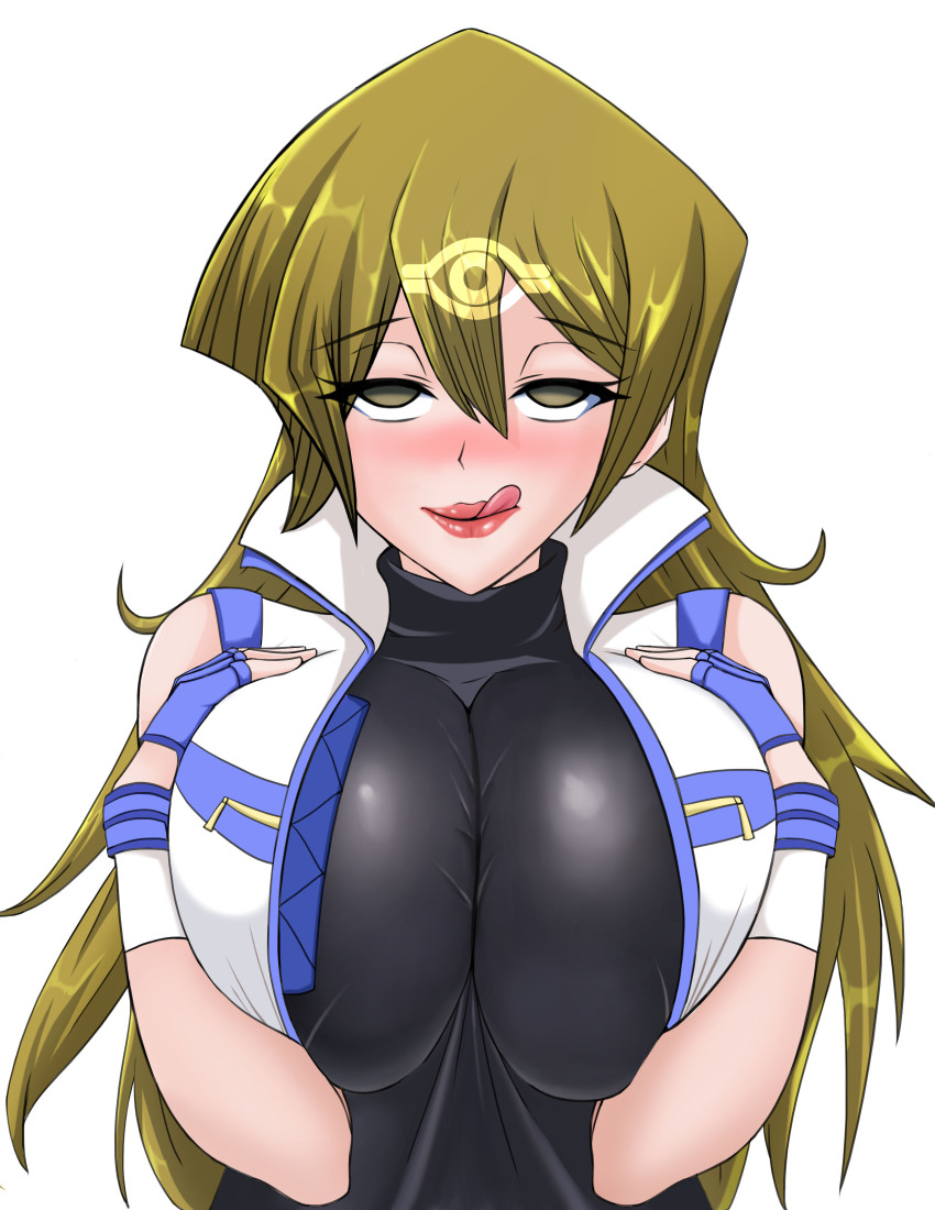absurdres alexis_rhodes blonde_hair blush breast_press breasts empty_eyes female_only femsub gloves happy_trance huge_breasts large_breasts licking_lips long_hair magic neo-izayoi tongue tongue_out yu-gi-oh! yu-gi-oh!_arc-v yu-gi-oh!_gx