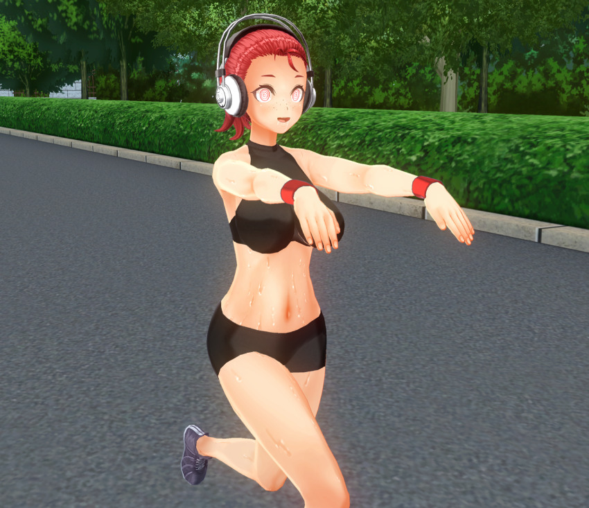 3d custom_maid_3d_2 drool exercise female_only femsub happy_trance headphones hypnolordx original red_hair running sneakers spiral_eyes sports_bra sports_briefs sweat symbol_in_eyes wrist_band zombie_walk