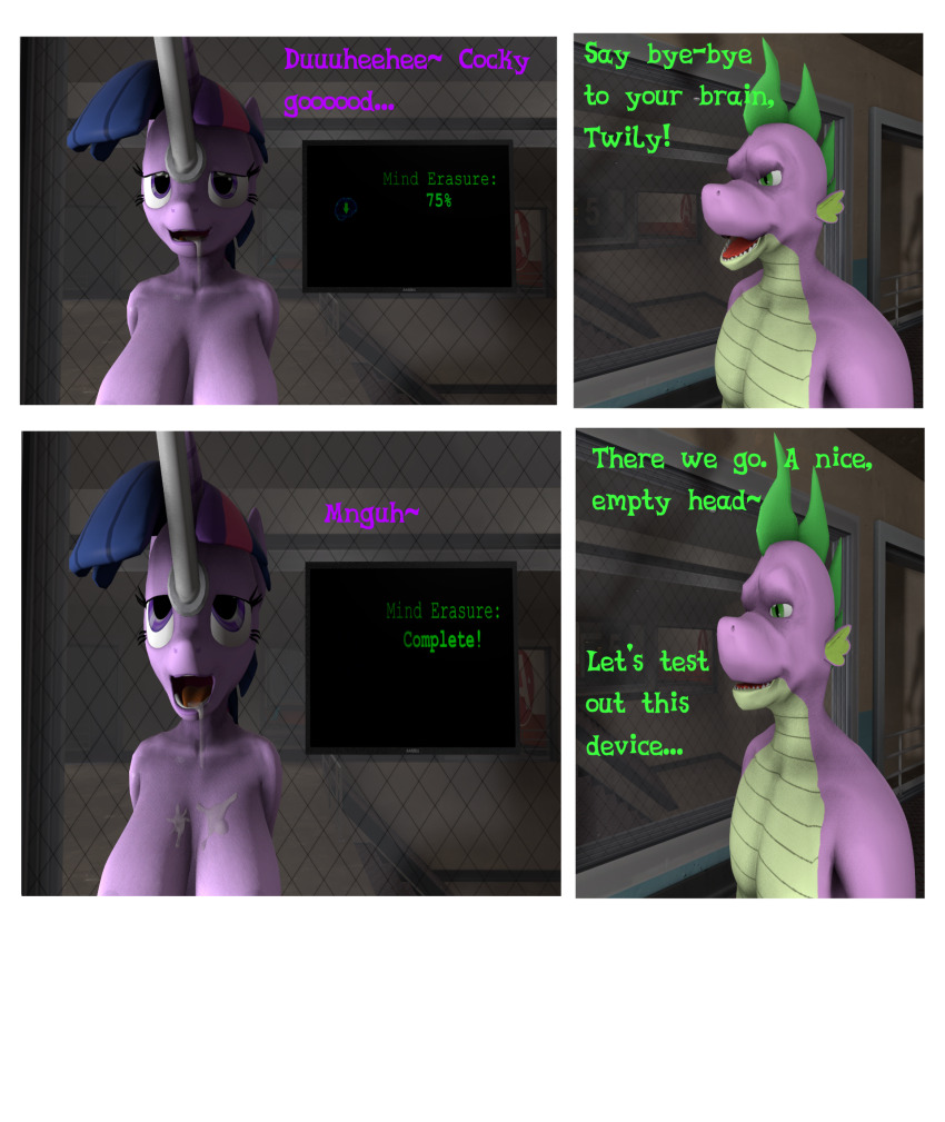 3d bottomless brain_drain breasts comic cuddlycarlos dragon drool evil_smile femsub happy_trance my_little_pony nude smile spike straight-cut_bangs tech_control text topless twilight_sparkle