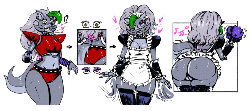 apron ass before_and_after bent_over bottomless bubble claws earrings feather_duster female_only femsub five_nights_at_freddy's five_nights_at_freddy's:_security_breach furry glowing_eyes grey_hair grey_skin happy_trance heart heavy_eyelids long_hair maid maid_headdress music nail_polish no_panties pink_eyes pussy redfred robot_girl roxanne_wolf sharp_teeth short_shorts shorts simple_background solo standing standing_at_attention tech_control thighhighs thong white_background wolf_girl